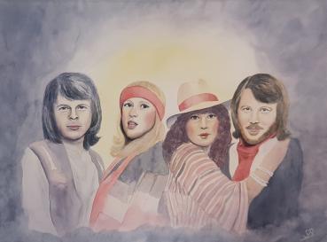 Grosses Aquarell Original Bild Gemälde  ABBA  56 x 42 cm - Björn, Agnetha, Frida und Benny